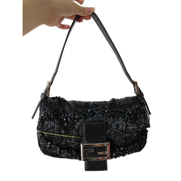 Fendi Handbags - Fendi Baguette Black Beaded Shoulder Bag with Stones in Wave Pattern